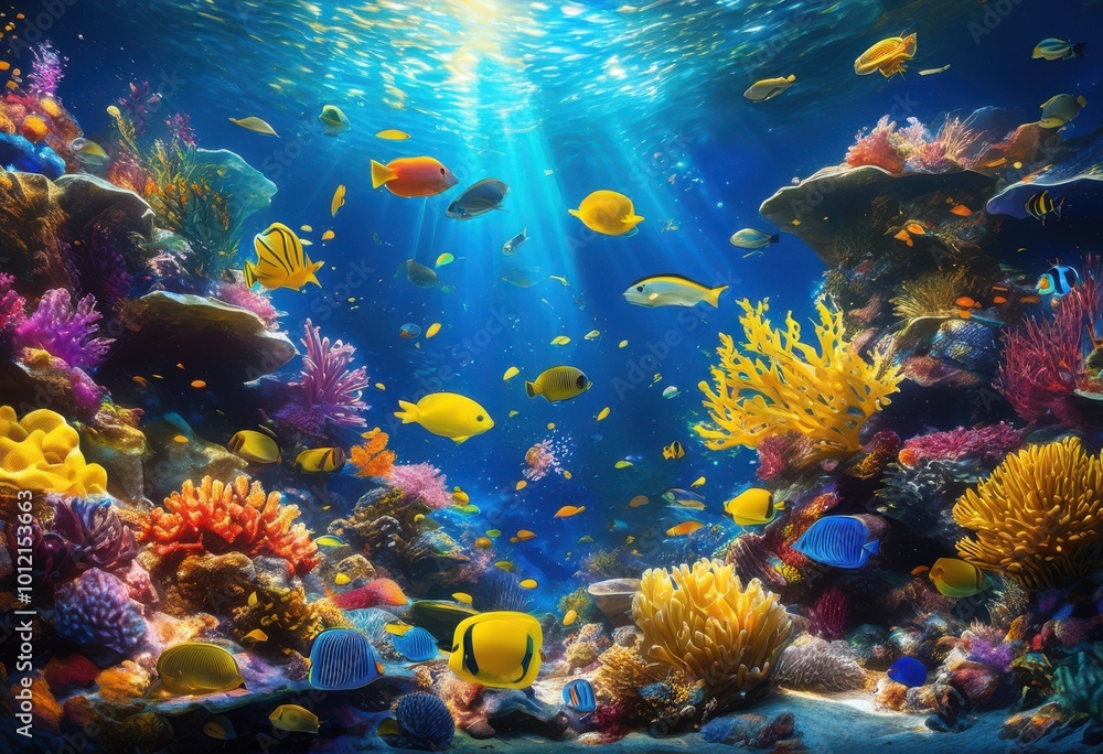 Naklejka premium vibrant dynamic underwater splashes capturing colorful play props whimsical aquatic scene, bright, marine, motion, playful, creativity, light, fun, contrast