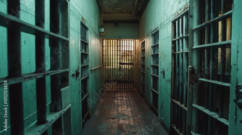 Eerie Hallway of an Abandoned Prison Cell Block