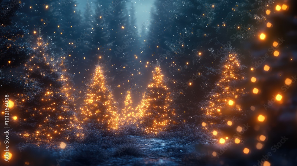 Naklejka premium Magical forest with Christmas trees and glowing lights. AI Generated