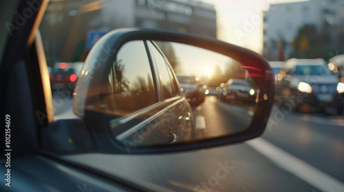 Checking blind spots while driving on a busy street during sunset