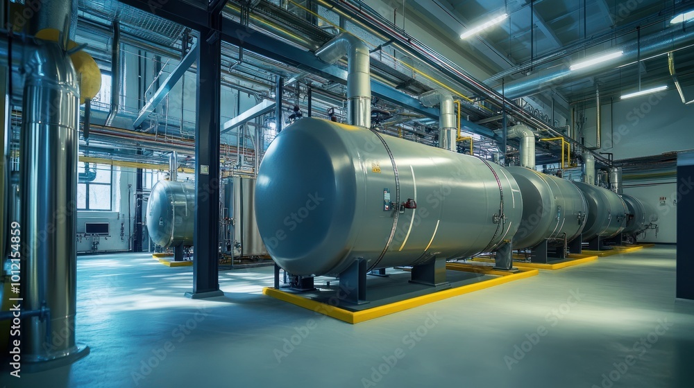 Industrial facility with large storage tanks and piping for processing or storage purposes. Industrial facility with large storage tanks and piping for processing or storage purposes.