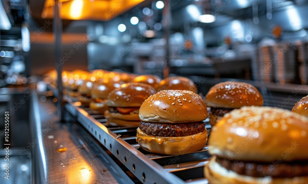 Freshly prepared burgers lined up in a busy kitchen Freshly prepared burgers lined up in a busy kitchen