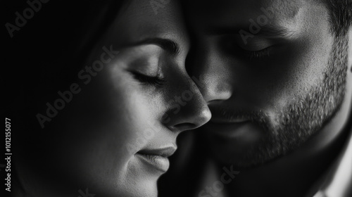 A couple shares a tender moment together, embracing closely in soft light, capturing love and connection in an intimate setting