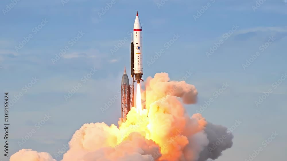 Dynamic Rocket Launch with Vibrant Flames and Smoke Against Bright Sky. Concept of Space Exploration, Technological Advancement, Power Dynamic Rocket Launch with Vibrant Flames and Smoke Against Bright Sky. Concept of Space Exploration, Technological Advancement, Power