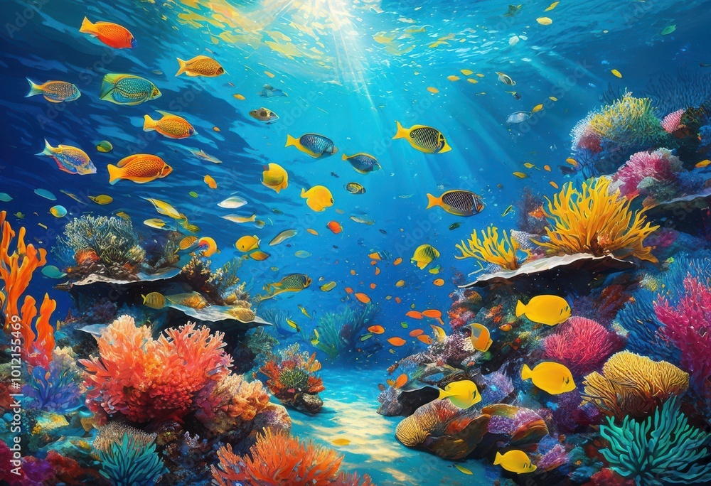 Naklejka premium vibrant underwater scenes showcasing rich diversity marine ecosystems colorful coral exotic lush aquatic flora, reef, fish, species, ocean, habitat