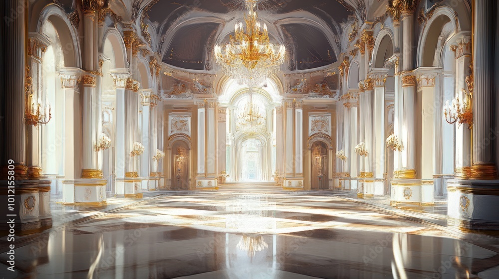 Fototapeta premium A grand, illuminated hall with ornate architecture and elaborate chandeliers.