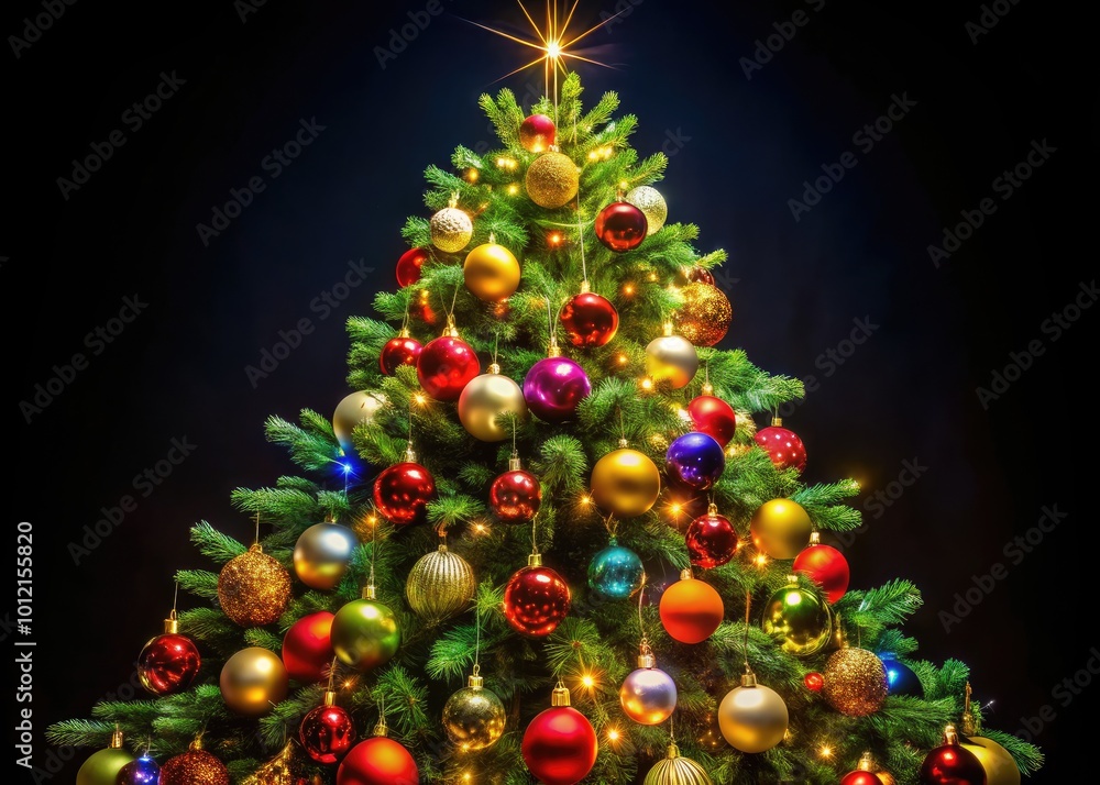 Elegant Christmas Tree with Vibrant Ornaments Against a Dark Black Background for Festive Decor Elegant Christmas Tree with Vibrant Ornaments Against a Dark Black Background for Festive Decor