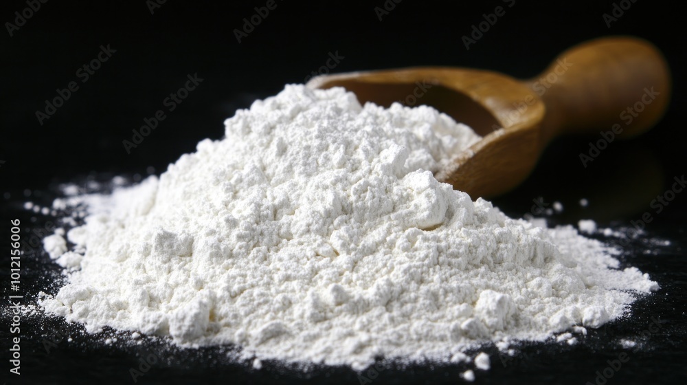 A mound of white flour with a wooden scoop, used for baking and cooking. A mound of white flour with a wooden scoop, used for baking and cooking.