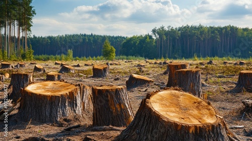 A deforested area with tree stumps and a backdrop of trees and clouds.