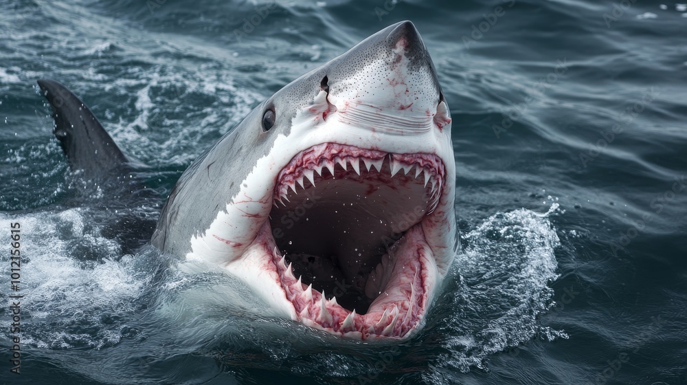Obraz premium Majestic white shark, a powerful marine predator, showcasing its impressive open mouth underwater
