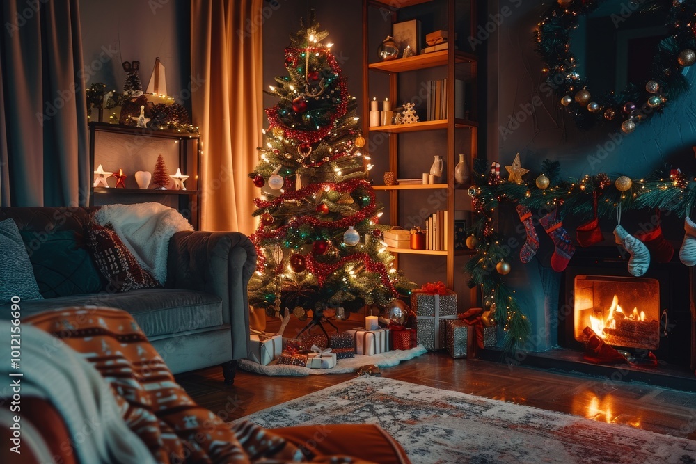 A cozy living room with a fireplace, a Christmas tree, and a wreath on the wall, generative ai image A cozy living room with a fireplace, a Christmas tree, and a wreath on the wall, generative ai image