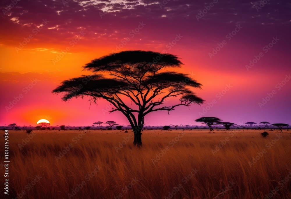 Obraz premium vibrant sunset over endless savanna landscape striking colors expansive horizon view, dusk, twilight, sky, silhouette, clouds, light, grass, evening, scenery