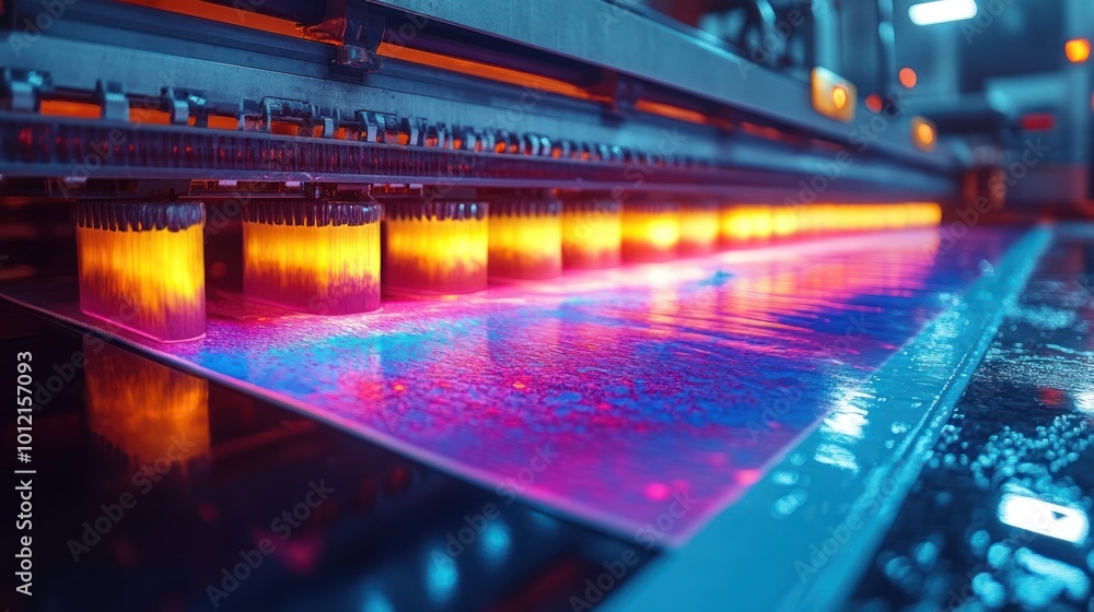 A close-up view of a printing press in operation, with a sheet of paper passing under a row of glowing lamps. A close-up view of a printing press in operation, with a sheet of paper passing under a row of glowing lamps.