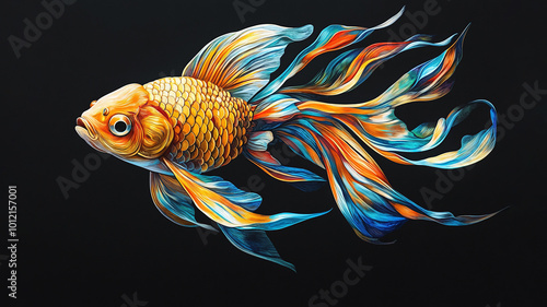 Vibrant Goldfish with Long Flowing Fins and Tail, Beautiful Exotic Tropical Betta Siamese Fish against Dark Black Background photo