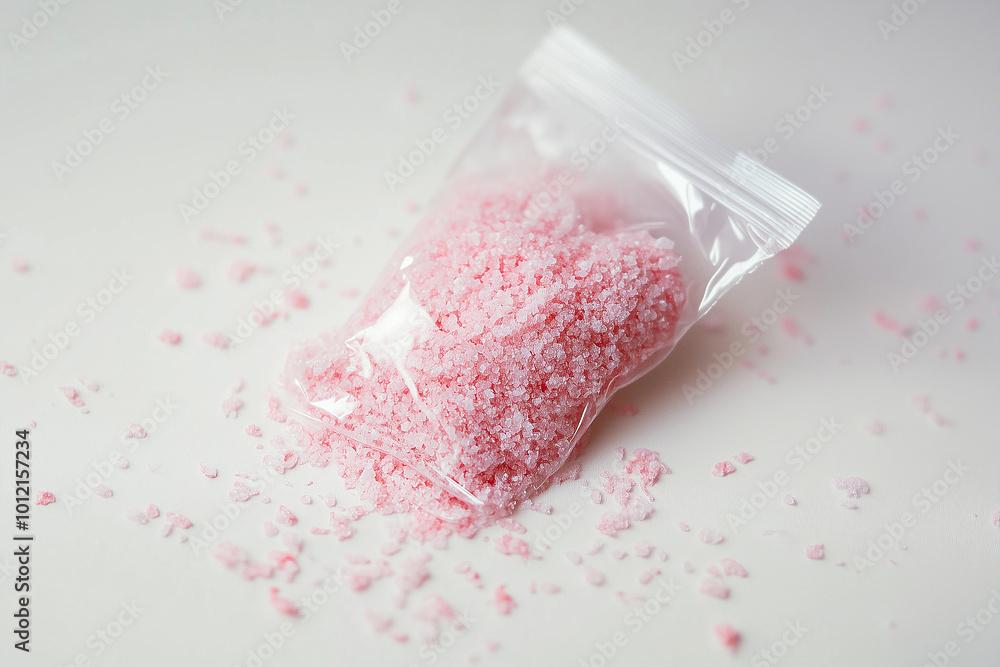 Pink cocaine - Open Bag of Pink Powder Spilled on White Surface Pink cocaine - Open Bag of Pink Powder Spilled on White Surface