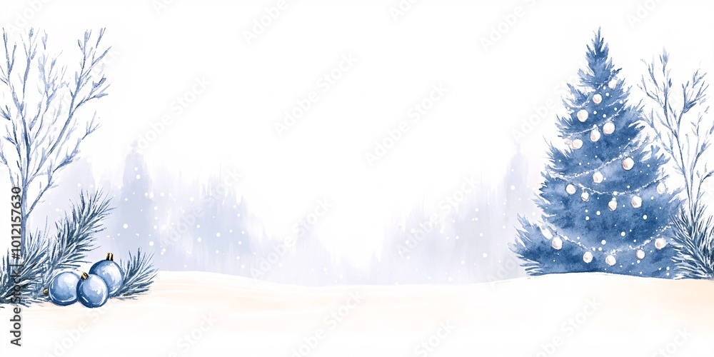 Fototapeta premium Beautiful New Year banner for stock photos, snowfall on a white background, watercolor paints, hand-drawn winter landscape.