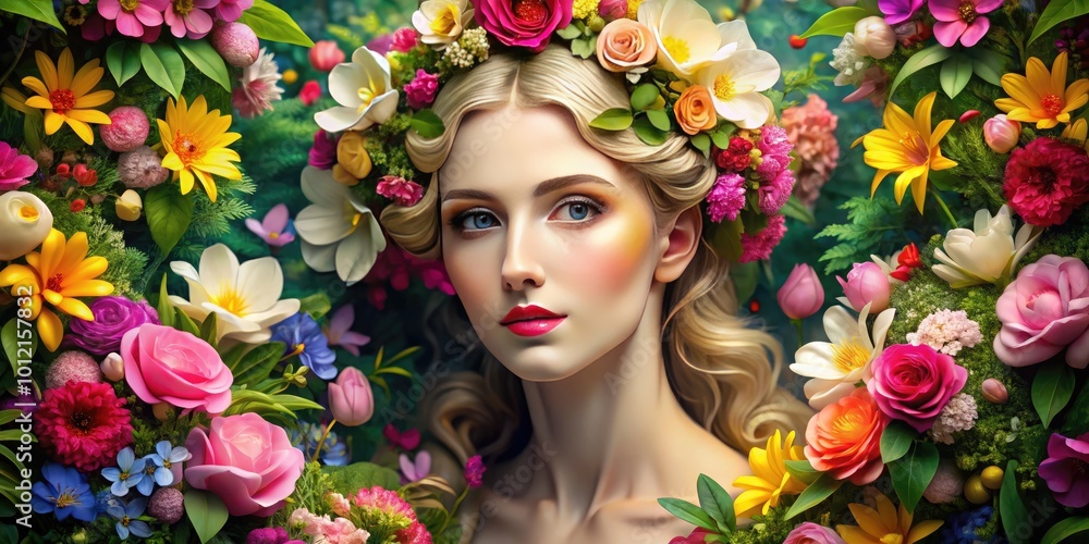 Elegant depiction of Aphrodite surrounded by flowers, symbolizing love, beauty, and nature's grace Elegant depiction of Aphrodite surrounded by flowers, symbolizing love, beauty, and nature's grace
