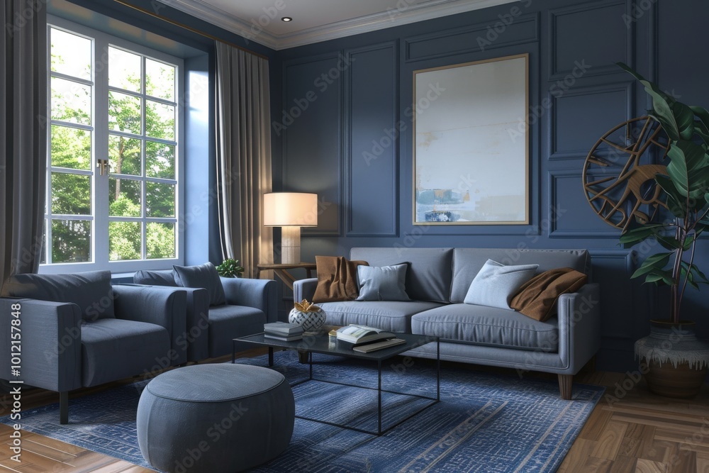 Fototapeta premium A living room with a blue wall and a white couch, generative ai image