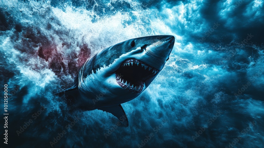 Obraz premium Majestic great white shark gracefully hunting in the deep blue ocean, a true underwater predator