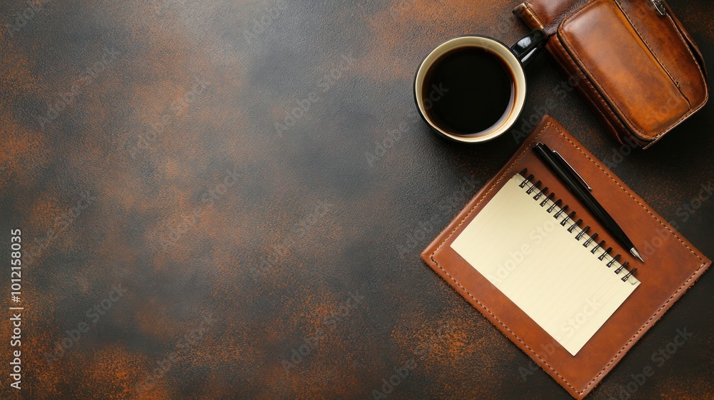 A workspace scene with coffee, a notebook, and a pen on a textured surface. A workspace scene with coffee, a notebook, and a pen on a textured surface.