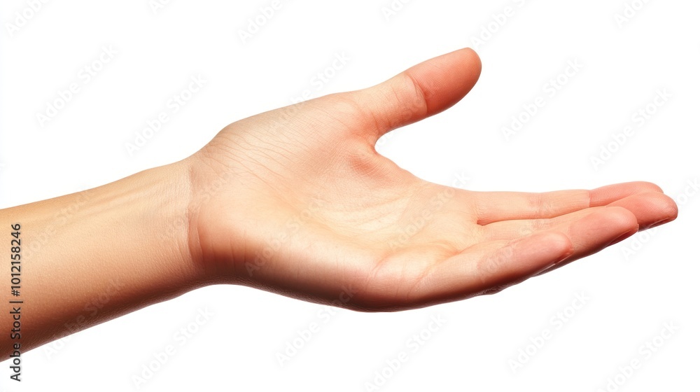 A human hand is extended outward, palm up, suggesting an invitation or offering. A human hand is extended outward, palm up, suggesting an invitation or offering.