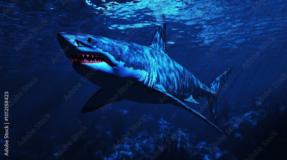 Great white shark hunting near the surface of a vibrant blue ocean in underwater photography Great white shark hunting near the surface of a vibrant blue ocean in underwater photography