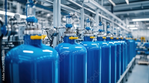 Industrial scene featuring blue gas cylinders in a manufacturing facility.