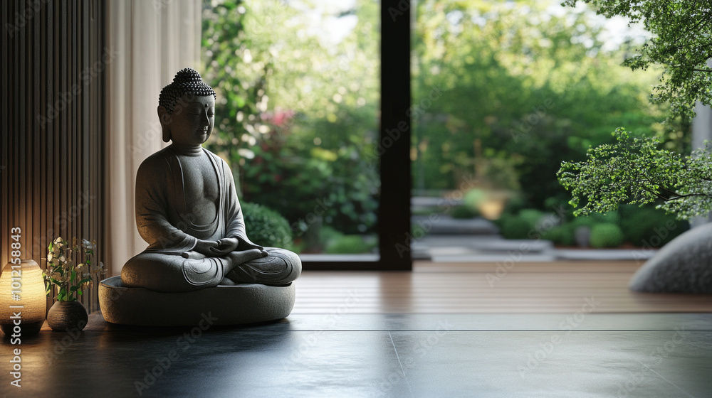 A serene Buddha statue surrounded by a tranquil garden in a calm, well-lit room featuring natural elements and soft furnishings A serene Buddha statue surrounded by a tranquil garden in a calm, well-lit room featuring natural elements and soft furnishings