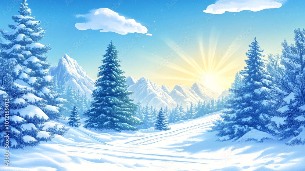 custom made wallpaper toronto digitalski resort landscape, sun, sun rays, mountains, snow, green pine trees, impressive landscape, midday, light palette, sunny day, white, slope with ski track