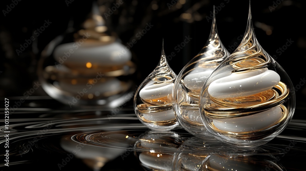 3D rendering of glossy black and gold spheres, and glass spheres with white and gold swirls in an elegant vase, set against a dark blue background with reflective lighting and luxurious finish. 3D rendering of glossy black and gold spheres, and glass spheres with white and gold swirls in an elegant vase, set against a dark blue background with reflective lighting and luxurious finish.