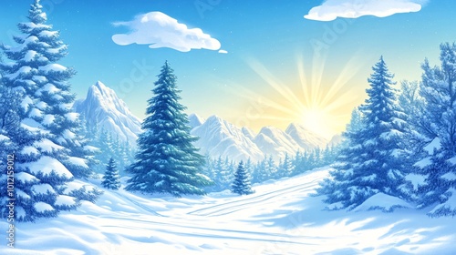Wallpaper Mural ski resort landscape, sun, sun rays, mountains, snow, green pine trees, impressive landscape, midday, light palette, sunny day, white, slope with ski track Torontodigital.ca