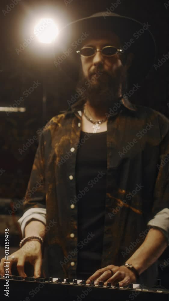 Vertical portrait shot of synth player wearing hat and trendy sunglasses posing for camera by musical instrument on concert stage Vertical portrait shot of synth player wearing hat and trendy sunglasses posing for camera by musical instrument on concert stage