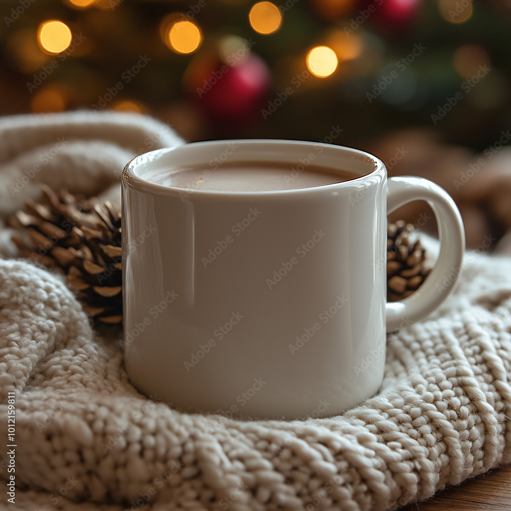 Blank white ceramic mug with Christmas coffee Blank white ceramic mug with Christmas coffee