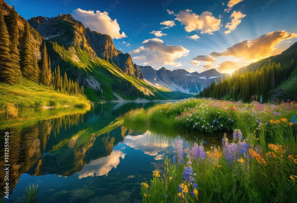 Obraz premium majestic mountain landscapes reflection tranquil lakes surrounded lush greenery bright blue skies, adventure, azure, backdrop, beauty, breathtaking, calm