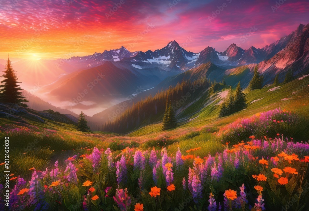 Fototapeta premium vibrant sunrise over serene mountain landscape lush colorful exquisite nature details showcasing tranquil beauty, adventure, backdrop, beautification, cloud