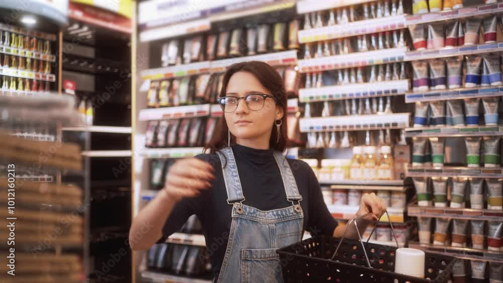 Customer wearing denim overalls choosing art supplies and adding items to a basket. Focused woman comparing products in a vibrant art store Customer wearing denim overalls choosing art supplies and adding items to a basket. Focused woman comparing products in a vibrant art store