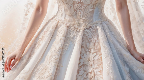 Elegant wedding dress with intricate embroidery and delicate fabric details, close-up photography