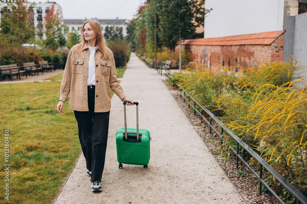 Cheerful young woman in casual outfit walking on the city park with green luggage. 30s Woman dragging suitcase on urban background. Travel Fashion.