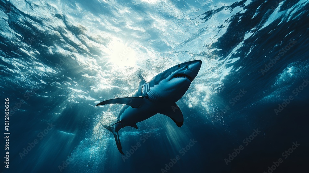 Obraz premium Majestic great white shark hunting near the surface in a vibrant blue ocean landscape