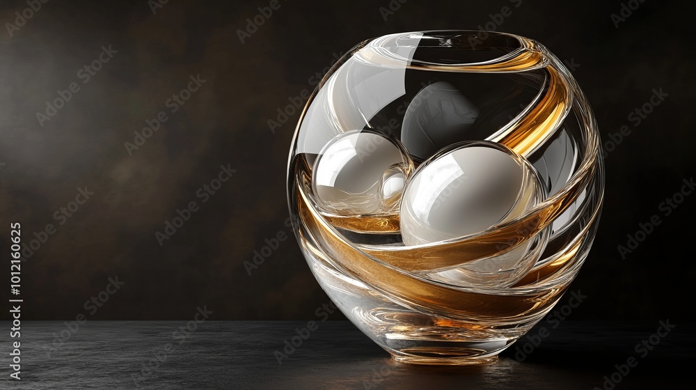 3D rendering of glossy black and gold spheres, and glass spheres with white and gold swirls in an elegant vase, set against a dark blue background with reflective lighting and luxurious finish. 3D rendering of glossy black and gold spheres, and glass spheres with white and gold swirls in an elegant vase, set against a dark blue background with reflective lighting and luxurious finish.
