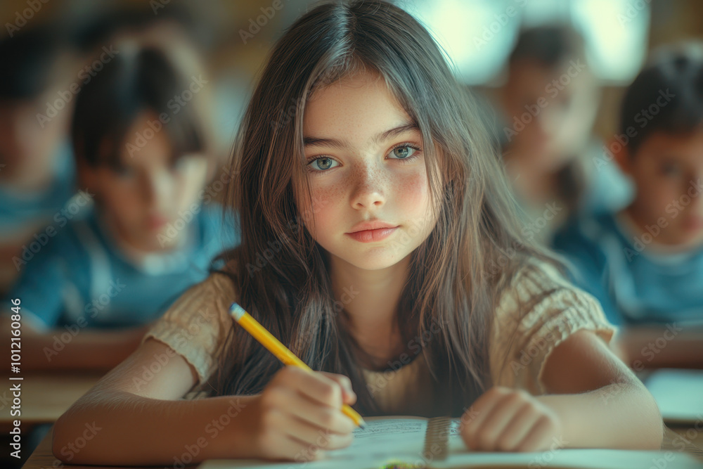 A cute girl sitting at a desk doing homework in a classroom with other kids, holding a pencil and notebook. School concept. A cute girl sitting at a desk doing homework in a classroom with other kids, holding a pencil and notebook. School concept.