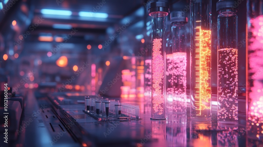 A row of glass tubes containing glowing pink and orange particles sits on a futuristic lab counter in a dimly lit room. A row of glass tubes containing glowing pink and orange particles sits on a futuristic lab counter in a dimly lit room.