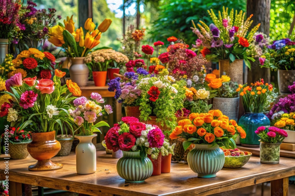 Elegant Florist Table with Fresh Flowers, Vases, and Floral Arrangements for Event Decoration Elegant Florist Table with Fresh Flowers, Vases, and Floral Arrangements for Event Decoration