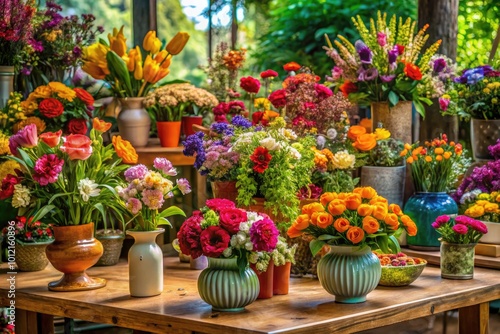 Wallpaper Mural Elegant Florist Table with Fresh Flowers, Vases, and Floral Arrangements for Event Decoration Torontodigital.ca