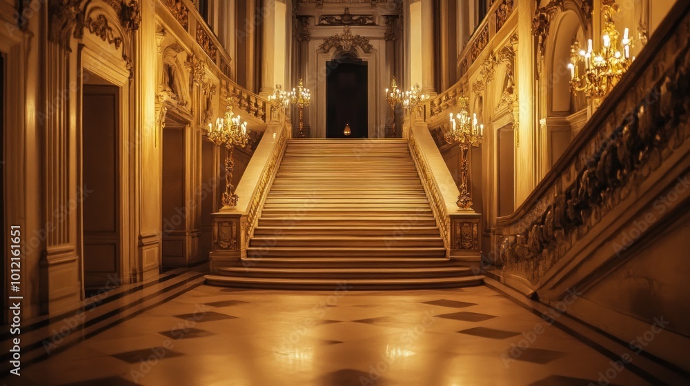 Elegant grand staircase in a luxurious hall illuminated by chandeliers. Elegant grand staircase in a luxurious hall illuminated by chandeliers.