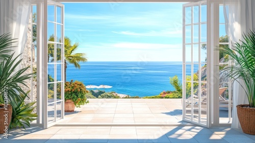 A serene view of the ocean from an open patio, framed by lush plants and bright skies.