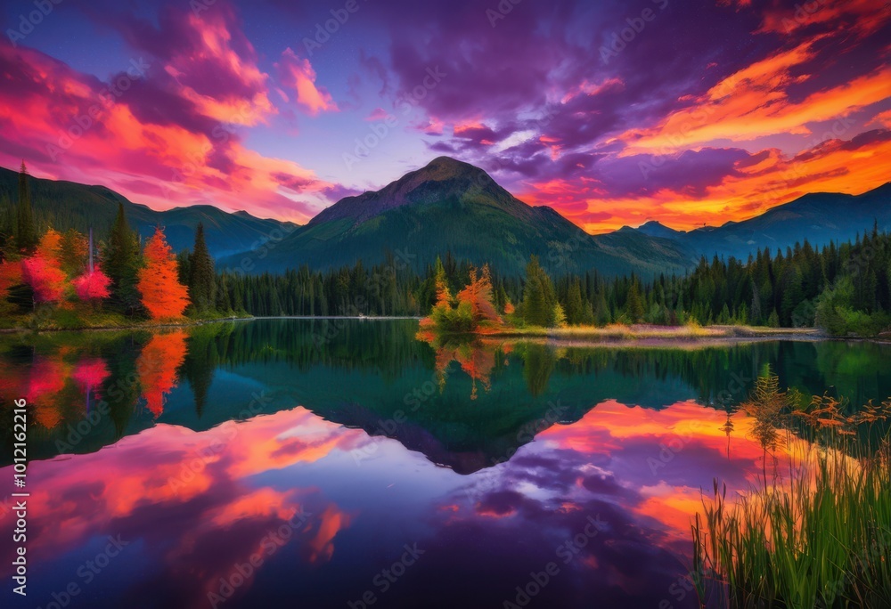Fototapeta premium stunning serene lake reflection captured twilight showcasing vibrant sunset colors calm waters, scenic, nature, landscape, sky, clouds, evening, horizon