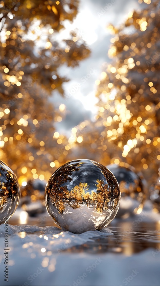 Merry Christmas and Happy New Year background with realistic 3D transparent glass ornaments, decorative white balls with gold swirls and glass fir cones in an elegant holiday design. Merry Christmas and Happy New Year background with realistic 3D transparent glass ornaments, decorative white balls with gold swirls and glass fir cones in an elegant holiday design.