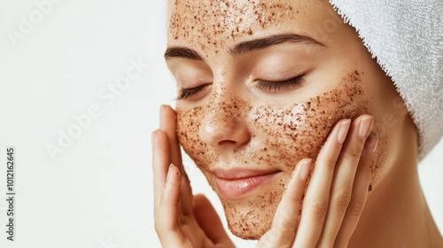 A woman exfoliates her face with a natural scrub while relaxing at home, enjoying a skincare routine focused on self-care and rejuvenation