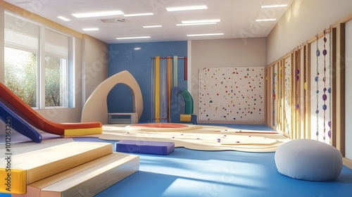 Children’s sensory integration room with soft colors and modern play equipment for therapeutic learning and development. AI generated illustration.